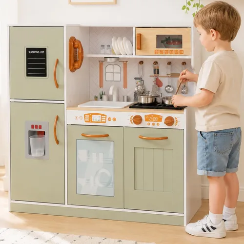 Miniatura 6 de TOUCH US Juego de juguetes de cocina de madera con luz, juego de cocina de juguete de simulación para niños, horno de juguete para fregadero