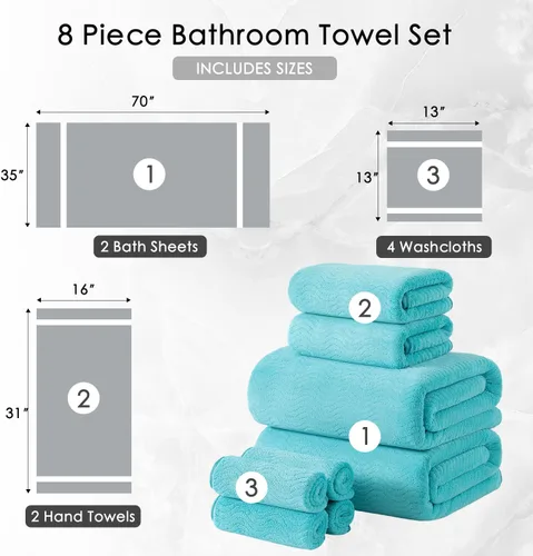 Miniatura 5 de Juego de toallas de baño de 8 piezas 2 toallas de baño grandes de gran tamaño, 2 toallas de mano y 4 paños Juego de toallas de baño ultrasuaves