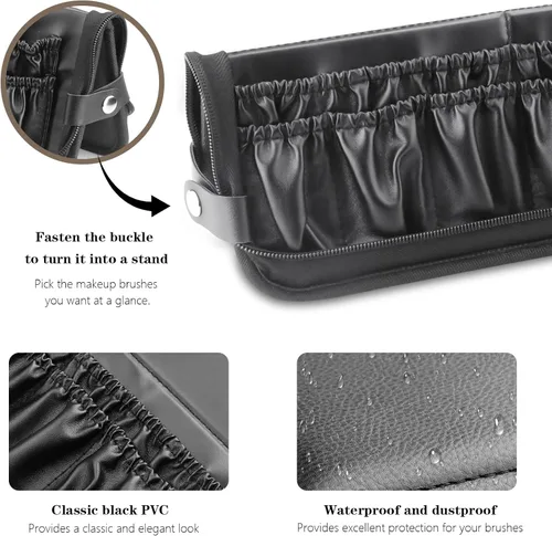 Miniatura 3 de Organizador de brochas de maquillaje plegable, resistente al agua, soporte para brochas de maquillaje de viaje, estuche portátil de cuero