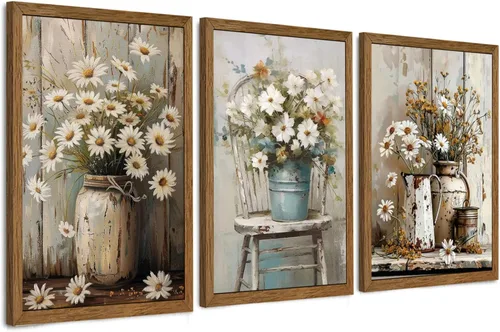 Miniatura 11 de DUWQU 3 piezas de arte de pared en lienzo floral azul marino, marco de madera azul marino, flores silvestres lirio, margaritas, decoración de pared