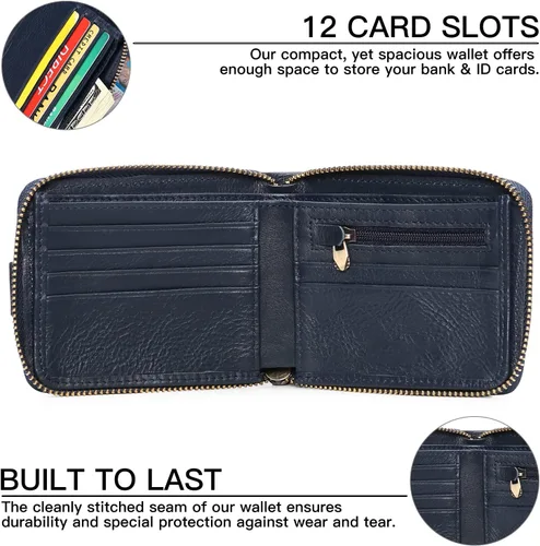 Miniatura 15 de GOIACII Cartera con cremallera para hombre, de piel auténtica, con bloqueo RFID, con cremallera, bolsillo para monedas, para identificación, con Café