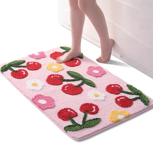 Miniatura 10 de Anybar Alfombras de Baño Beige Tapete de Baño de Cerezas Lindas Accesorios de Baño Coloridos, Alfombra de Flores Divertida Tapete de Piso