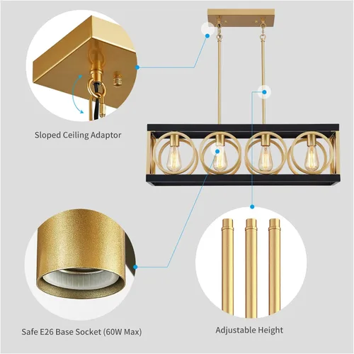 Miniatura 4 de XINGQI Lámpara de araña rectangular moderna, iluminación de isla de cocina de granja, accesorio de luz colgante industrial rústico de 4 luces