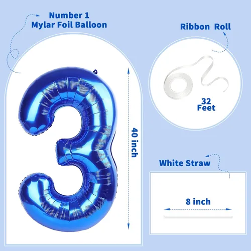 Miniatura 2 de Globo gigante de 40 pulgadas azul marino con número, globo de Mylar de helio de color azul oscuro para fiesta de cumpleaños, globo número 3