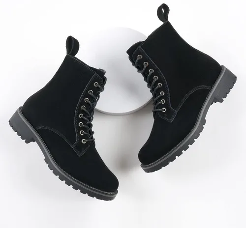 Miniatura 6 de JABASIC Botas de combate de cuero de gamuza para mujer, botas de tobillo con cordones y cremallera lateral
