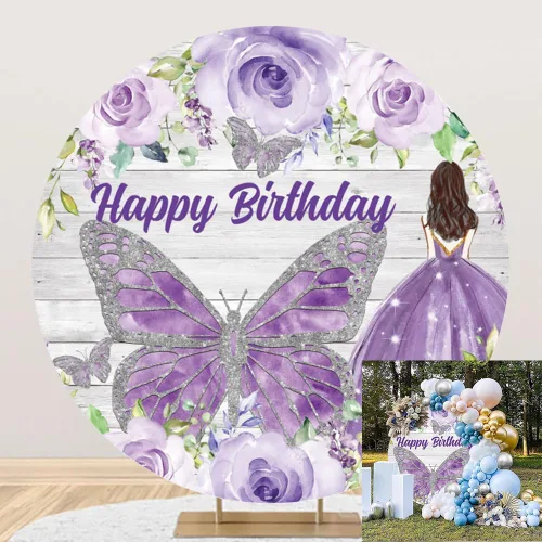 Miniatura 9 de Leyiyi Telón de fondo redondo de 3 x 3 pies, diseño de flores de acuarela azul, mariposa, fondo de círculo de madera rústica, para niñas y mujeres