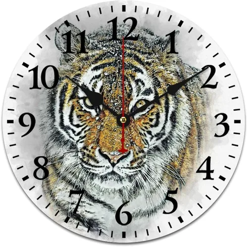 Reloj de pared de madera de 12 pulgadas, reloj de pared de tigre majestuoso, movimiento de cuarzo, rayas de números arábigos, animales, vida Patrón 8