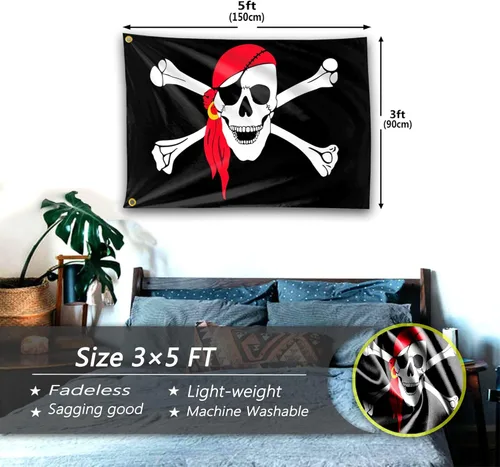 Miniatura 5 de Bandera roja de pirata Jolly Roger de 3 x 5 pies, divertida bandera estadounidense y crossbones para interiores y exteriores, universidad