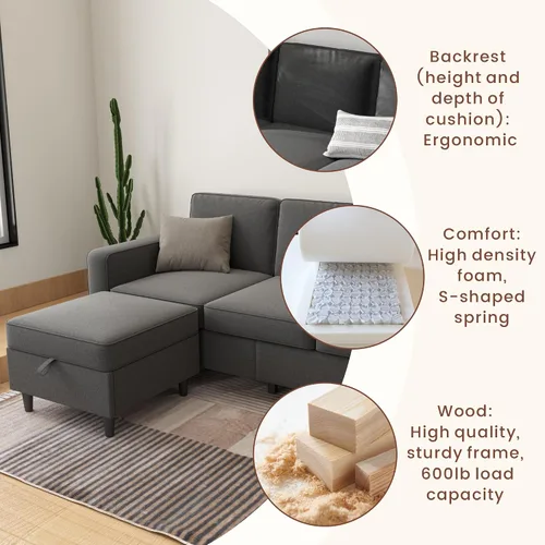 Miniatura 5 de Sofás seccionales para sala de estar, sofá de asiento profundo, cómodo sofá modular en forma de L, con diván de almacenamiento, fundas lavables