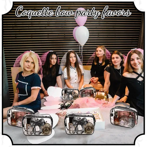 Miniatura 6 de Kacctyen 10 bolsas de maquillaje con lazo negro, regalos a granel para niñas y mujeres, regalos de fiesta de cumpleaños, coqueta, lazo pastel