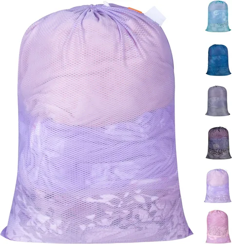 Miniatura 20 de Polecasa Bolsas de lavandería grandes de malla de diamante extra resistentes con cierre de cordón y etiqueta de identificación, paquete de 2 bolsas
