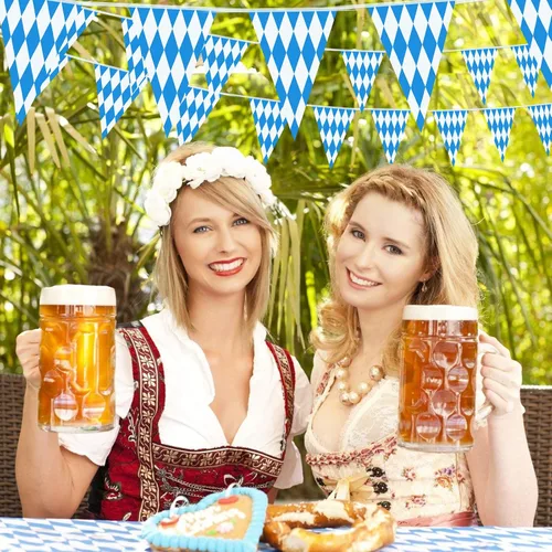 Miniatura 6 de Banderas de Oktoberfest de 197 pies, paquete de 6 banderines azules y blancos para decoraciones de fiestas temáticas alemanas, decoración