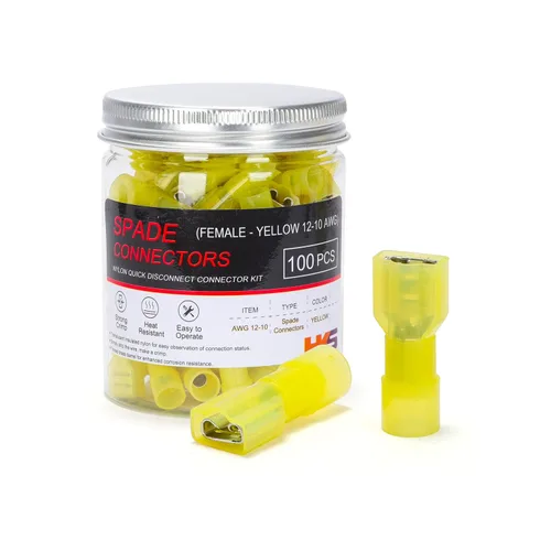 HKS Conector de desconexión rápida de pala hembra de nailon, 100 unidades, color amarillo, kit de conectores de cable eléctrico de 12-10 AWG, cobre