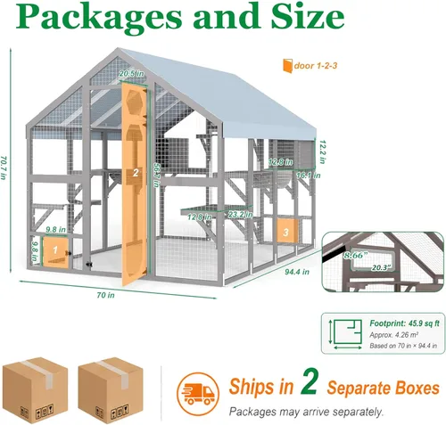 Miniatura 5 de PetsCosset 71" H Large Catio Outdoor Cat Enclosure Window Catios Wooden Walk-in Catio for Multiple Cats with 2 Resting Houses, 6 Platforms