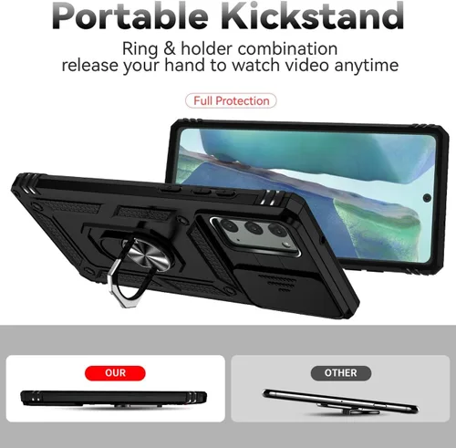 Miniatura 4 de Funda para Galaxy Note 20 5G, Samsung Note 20 SM-N981U con protector de pantalla de vidrio templado y cubierta de cámara deslizante, anillo Negro