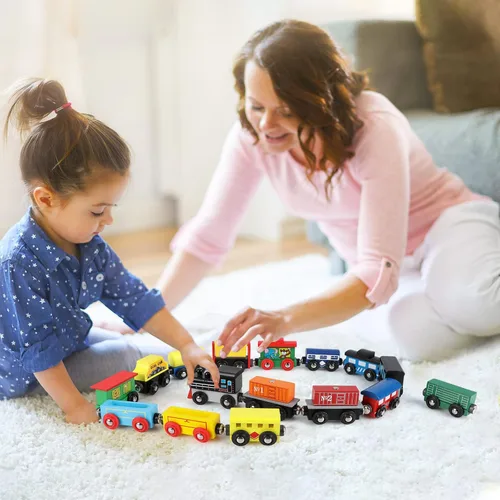 Miniatura 7 de Wondertoys Juego de tren de madera de 16 piezas, incluye bolsa de almacenamiento, accesorios de pista de madera, juego de automóvil magnético