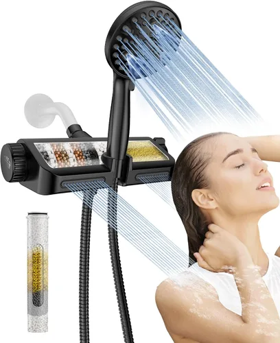 MakeFit - Cabezal con filtro para ducha y cabezal de mano extraíble, sistema dual spa 2 en 1 con cabezal masajeador de alta presión, 10 modos, modo