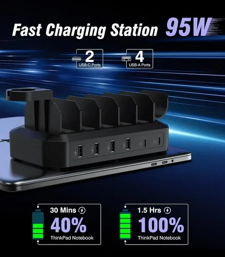 Miniatura 3 de Estación de carga rápida de 95W para múltiples dispositivos【Certificados de patente y seguridad】 Estación de carga USB de 6 puertos con 2 puertos PD