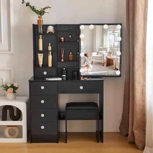 Miniatura 11 de Escritorio blanco cálido con espejo iluminado LED, mesa de tocador de maquillaje con armario izquierdo iluminado, 6 cajones y taburete, tocador