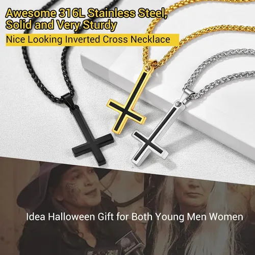 Miniatura 36 de PROSTEEL Satanic Jewelry Upside Down Cross Necklace for Men Women, 316L Stainless Steel/925 Sterling Silver Inverted Cross/Leviathan Cross Pendant
