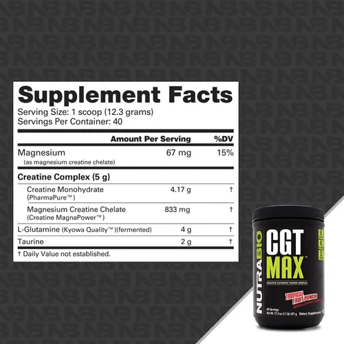 Miniatura 2 de NutraBio Polvo CGT-MAX - Creatina, glutamina y taurina para apoyar la recuperación muscular y la fuerza - 40 porciones - Ponche de frutas