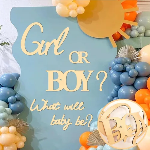 Miniatura 18 de Grandes calcomanías de revelación de género para telón de fondo, señal de baby shower de madera, ¿él o ella? ¿Qué será el bebé? Arco de globos