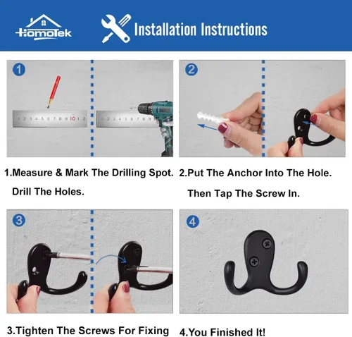 Miniatura 7 de HOMOTEK Paquete de 10 ganchos resistentes para colgar abrigos, montados en la pared, doble punta (izquierda y derecha) a prueba de óxido, accesorios