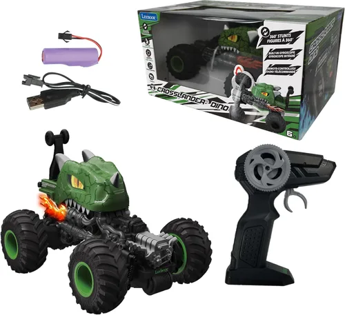 LEXiBOOK, Crosslander® Dino, coche de dinosaurio con control remoto, hasta 6.2 mi/h, Trucos locos, lanzamiento, giroscopio integrado, efectos de