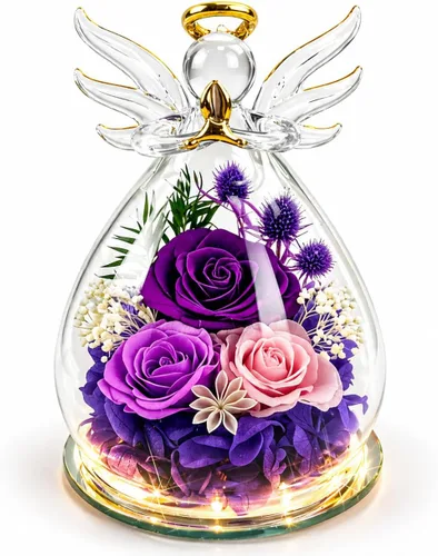 Regalo de graduación de rosa morada para ella, regalos de cumpleaños para mujeres, rosa para siempre en flores frescas de vidrio, regalos de figura