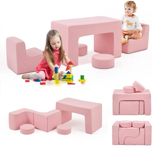 Miniatura 8 de JOYMOR Sofá modular de juegos para niños, juego de sofá de espuma de pana convertible de 6 piezas, fuerte de construcción para niños pequeños