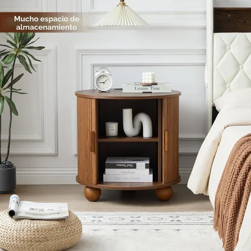 Miniatura 7 de AVZEAR Mesa auxiliar redonda grande de 24 pulgadas con estación de carga, mesa lateral de sofá acanalada estilo granja con puerta tambour deslizante