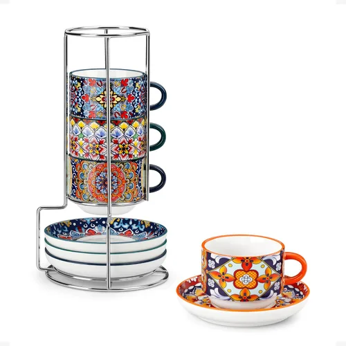 Miniatura 10 de vancasso Juego de 4 tazas de café espresso apilables de 8 onzas con platillos y soporte de metal, tazas de capuchino de cerámica bohemia, aptas