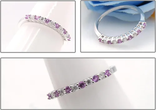 Miniatura 2 de Dazzlingrock Collection Anillo de boda apilable de oro de 10 quilates con diamante blanco redondo y zafiro rosa para mujer