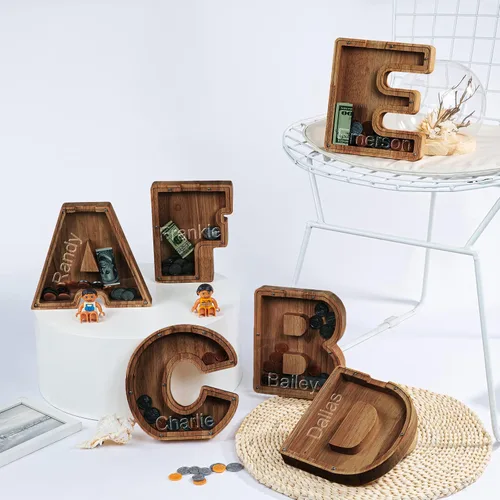 Miniatura 6 de Alcancía con nombre personalizado, 26 letras láser con texto personalizado, banco de monedas de madera, significado educativo, alcancía con nombre