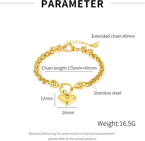Miniatura 4 de BG&WLing Pulsera chapada en oro de 14 quilates con dije de corazón para mujer, acero inoxidable, cadena de corazón, pulsera de oro duradera