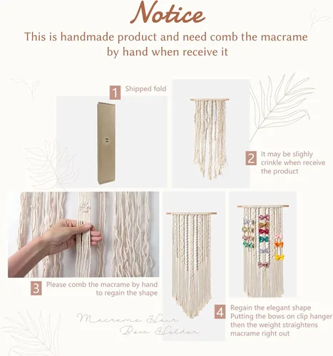 Miniatura 5 de Mkono Organizador de lazos de macramé para niñas, colgante para lazos de pelo, organizador de lazos Boho para pared, soporte para diademas