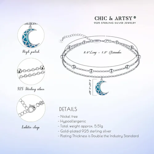 Miniatura 65 de CHIC & ARTSY Tobilleras delicadas de plata de ley S925 para verano, pulsera de tobillo ajustable multicapa para playa, joyería de pie para mujer