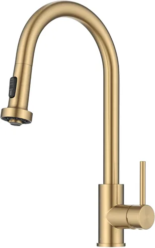 Miniatura 28 de KRAUS Bolden - Grifo de cocina de estilo comercial con mango individual de dos funciones desplegable en bronce champán antiguo libre de manchas