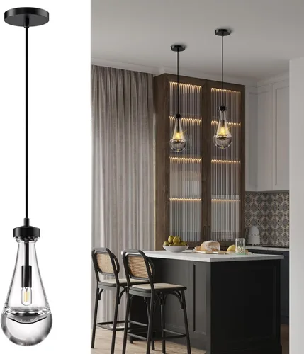 Miniatura 12 de Juego de 2 luces colgantes de gota de lluvia, lámparas colgantes para isla de cocina, lámpara de cristal sólido transparente con forma de gota