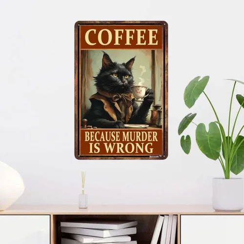 Miniatura 2 de Letrero retro de aluminio de 8 x 12 pulgadas con diseño de gato con texto en inglés «Coffee Because Murder Is Wrong», letreros de cocina de metal