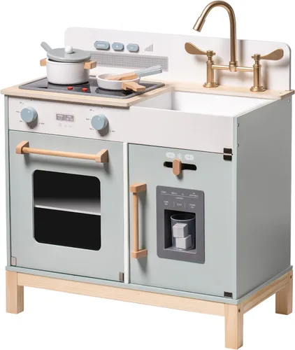 ROBOTIME Juego de cocina para niños pequeños, juego de cocina de madera para niños con luces y sonidos reales, dispensador de cubitos de hielo, Azul