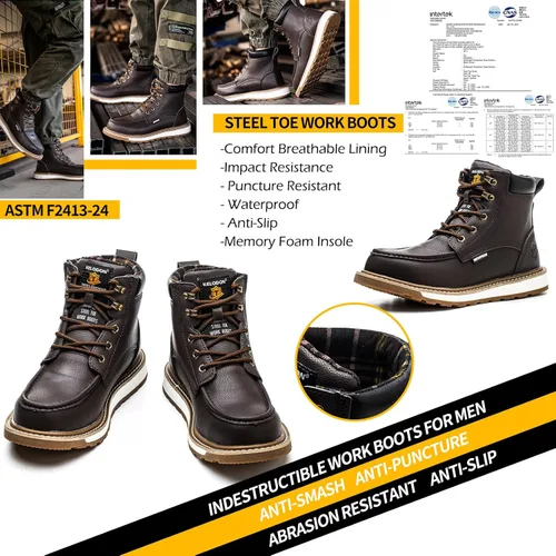 Miniatura 3 de KELODON Botas de trabajo impermeables con punta de acero para hombre, botas de trabajo de cuero de 6 pulgadas para hombre, zapatos de punta de acero