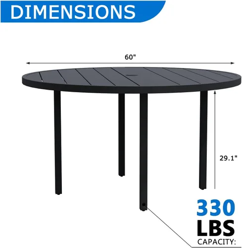 Miniatura 2 de 60" Round Outdoor Patio Table for 8, Metal Black Dining Table with Adjustable Umbrella Hole, Garden, Backyard & Deck Bistro Table