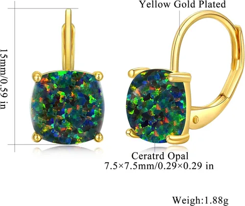 Miniatura 3 de CiNily Aretes colgantes para mujeres y niñas, hipoalergénicos, chapados en oro de 14 quilates, aretes con dije cuadrado de ópalo, aretes de palanca