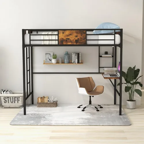 Miniatura 8 de Giantex Cama alta de metal tamaño individual con escritorio y estante de almacenamiento, marco de cama alta resistente con escalera integrada
