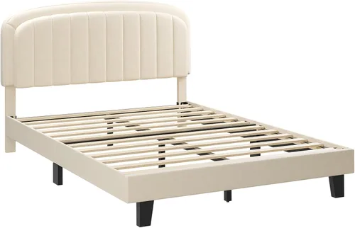 Miniatura 8 de Cozy Castle Base de cama tamaño Full, plataforma tapizada con cabecera curvada ajustable de terciopelo, base de colchón con listones de madera Crema