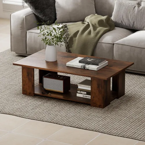 Miniatura 10 de Giantex Mesa central rectangular de madera, mesa de té moderna grande de 41 pulgadas y 2 niveles con compartimento abierto, fácil montaje, mesa