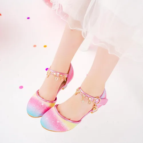 Miniatura 9 de Furdeour Sandalias para niñas con lazo brillante, zapatos de vestir de princesa con tacones altos de cristal, para fiestas, bodas, flores, zapatos