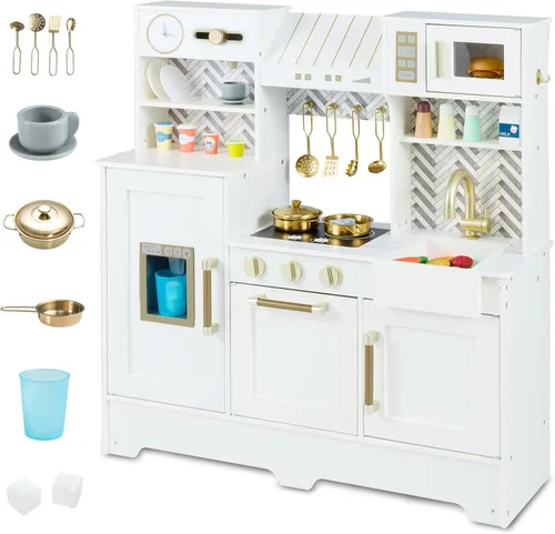 Costzon Juego de cocina para niños, juego de cocina para niños pequeños con estufas, grifo, fregadero, máquina de café, campana extractora, horno