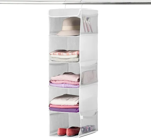 ZOBER Organizador colgante para armario, 5 estantes, estantes organizadores de almacenamiento colgantes para ropa, toallas, juguetes, dormitorio